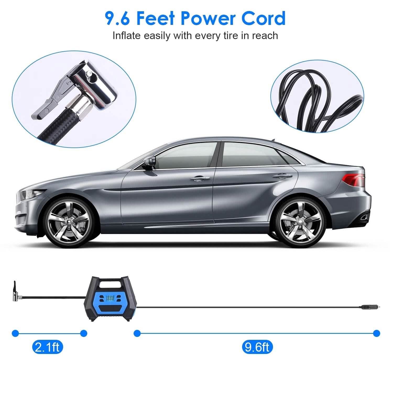 Pompe à pneu portable d'une puissance maximale de 120 W avec affichage numérique et lumière LED
