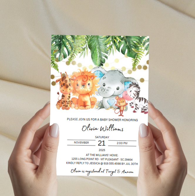 Invitation de baby shower safari – Modèle Canva modifiable