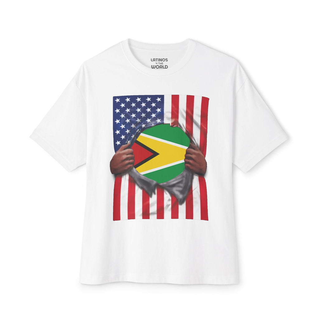 T-shirt Drapeaux Guyana + USA Fierté | Drapeaux Guyanien + Américain Effet déchiré 4 Juillet | T-shirts Latino Drôles Viraux | Unisexe - 4 Couleurs