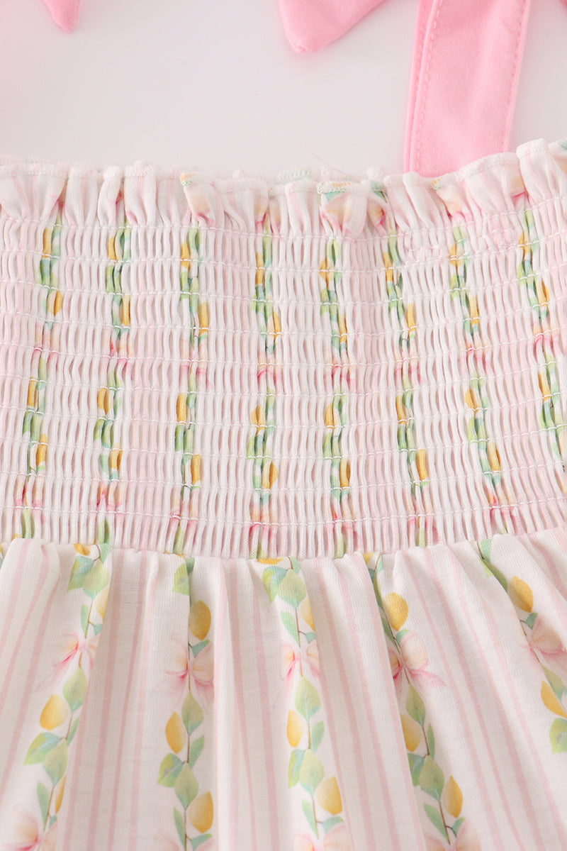 Robe maman-enfant smockée étagée avec nœud, imprimé citron rose