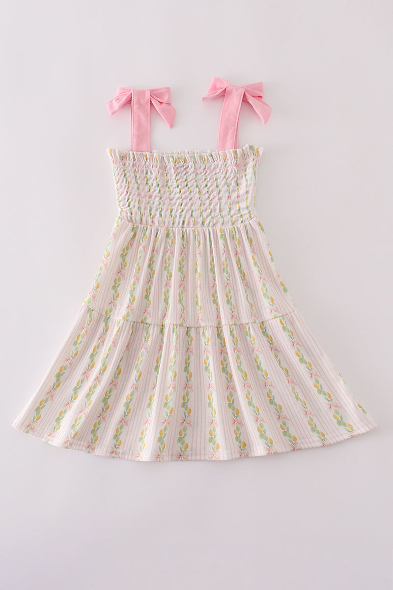 Robe maman-enfant smockée étagée avec nœud, imprimé citron rose