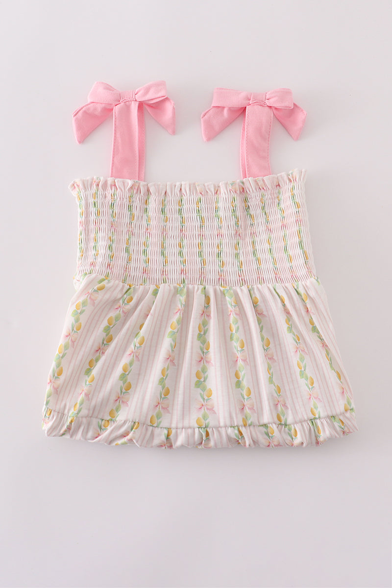 Robe maman-enfant smockée étagée avec nœud, imprimé citron rose