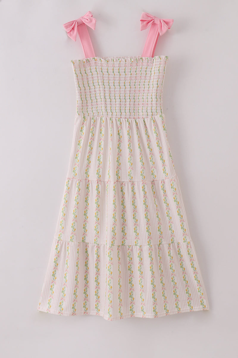 Robe maman-enfant smockée étagée avec nœud, imprimé citron rose