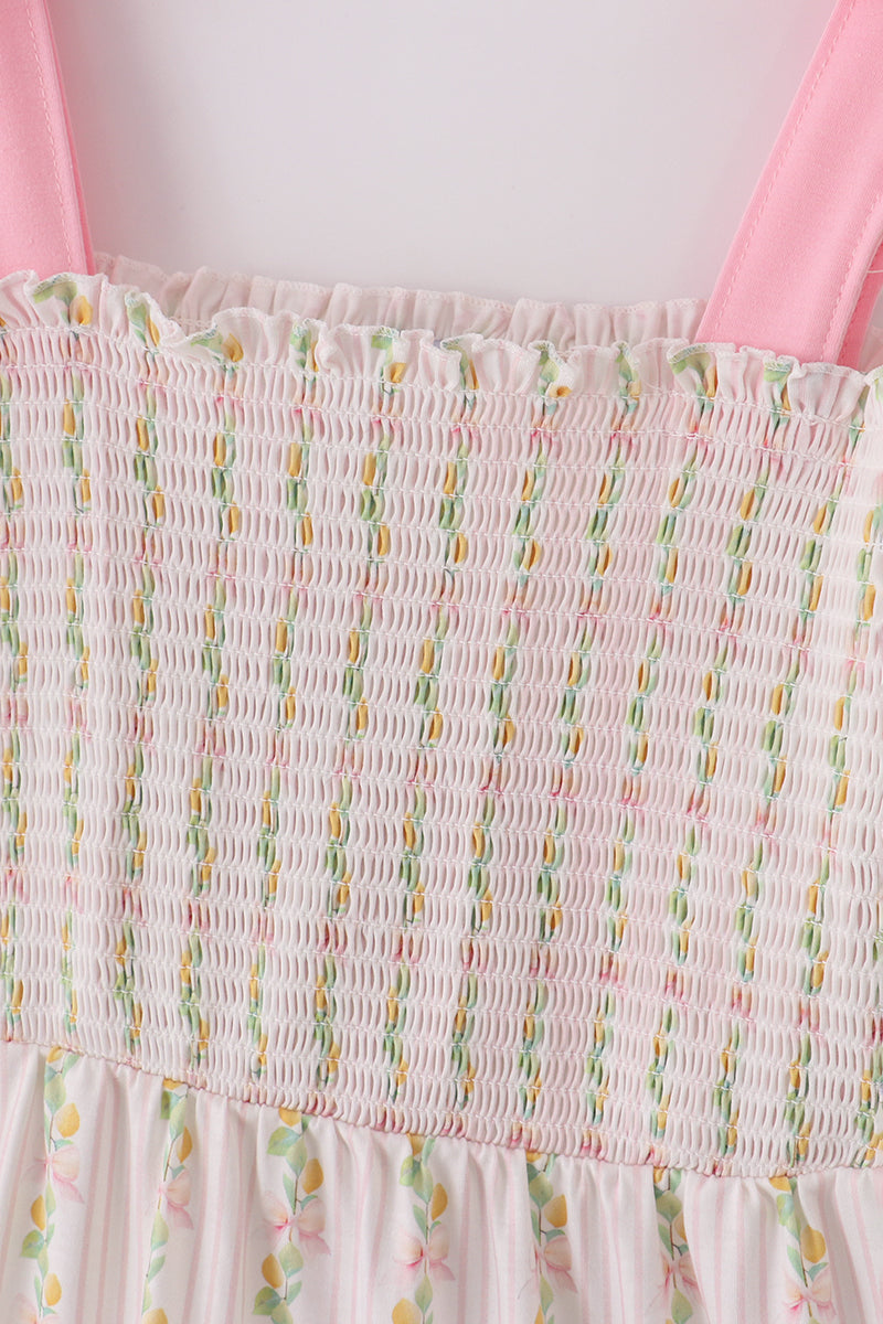 Robe maman-enfant smockée étagée avec nœud, imprimé citron rose
