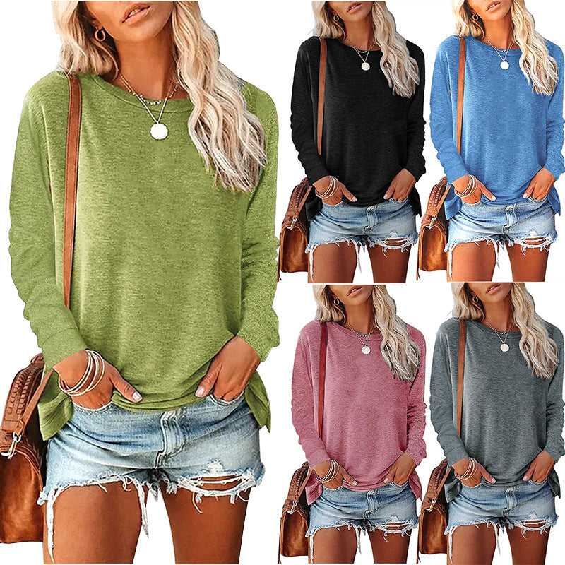 T-shirt pull à manches longues et col rond uni pour femme