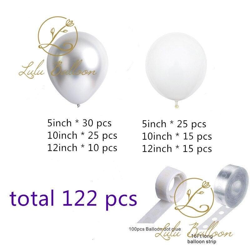 122 pièces Kit de guirlande en arc de ballons en latex blanc et argent pour fête prénatale, mariage, anniversaire, remise de diplôme, enterrement de vie de jeune fille, ballons de luxe