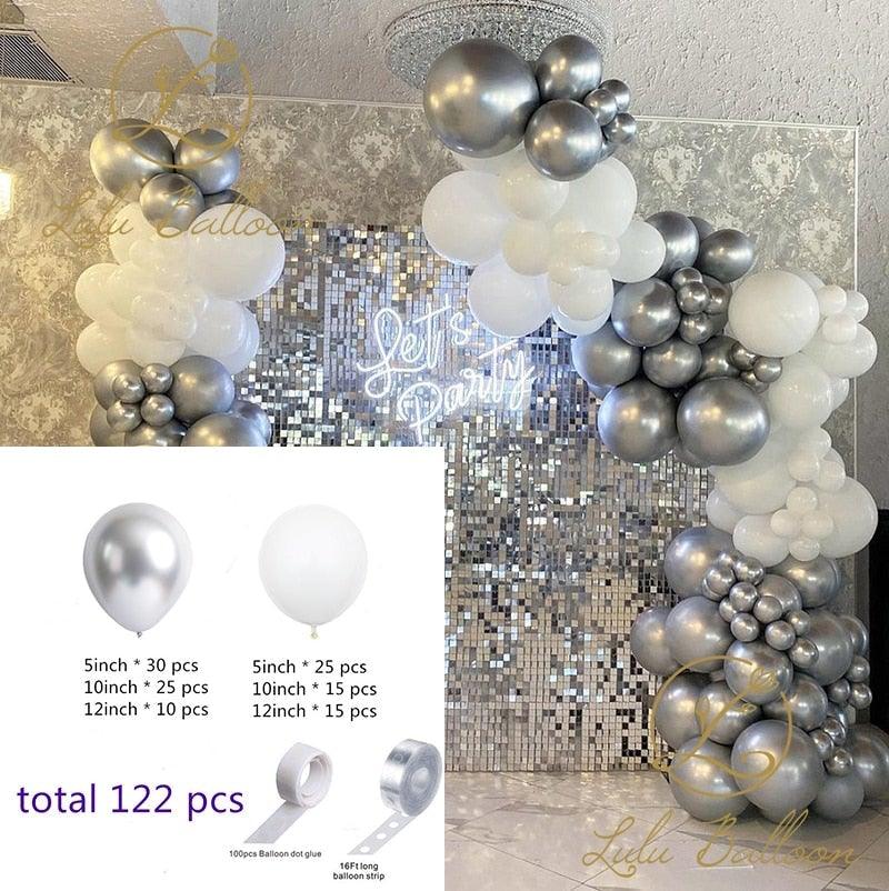 122 pièces Kit de guirlande en arc de ballons en latex blanc et argent pour fête prénatale, mariage, anniversaire, remise de diplôme, enterrement de vie de jeune fille, ballons de luxe