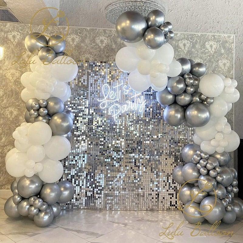 122 pièces Kit de guirlande en arc de ballons en latex blanc et argent pour fête prénatale, mariage, anniversaire, remise de diplôme, enterrement de vie de jeune fille, ballons de luxe