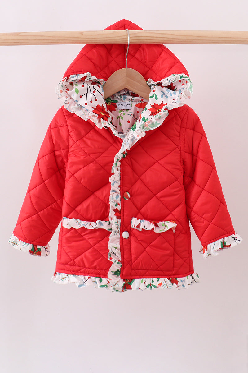 Veste matelassée à volants et imprimé floral rouge