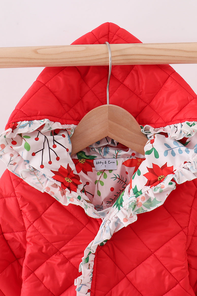 Veste matelassée à volants et imprimé floral rouge