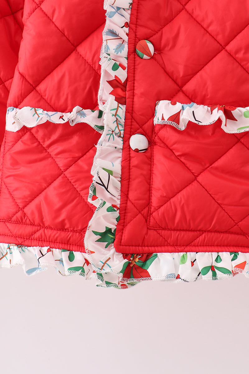 Veste matelassée à volants et imprimé floral rouge