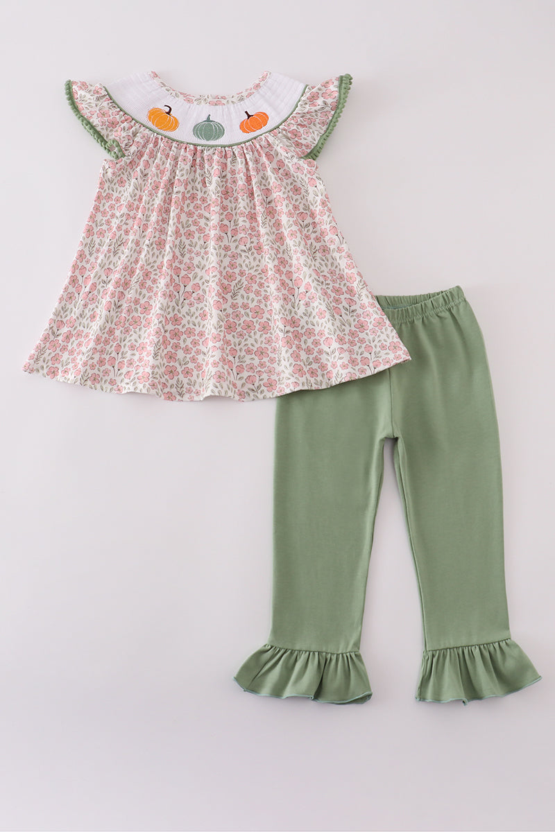 Ensemble pantalon rose smocké à volants fleuris