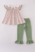 Ensemble pantalon rose smocké à volants fleuris