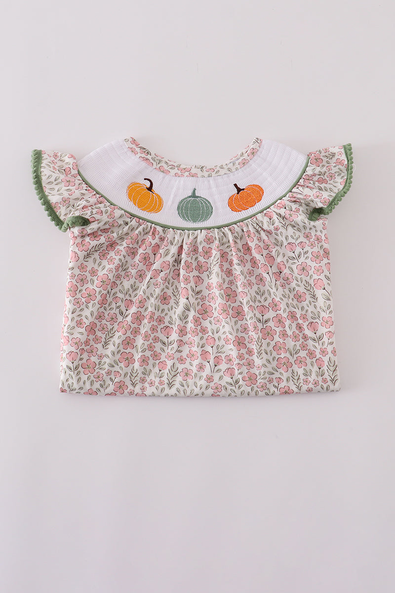 Ensemble pantalon rose smocké à volants fleuris