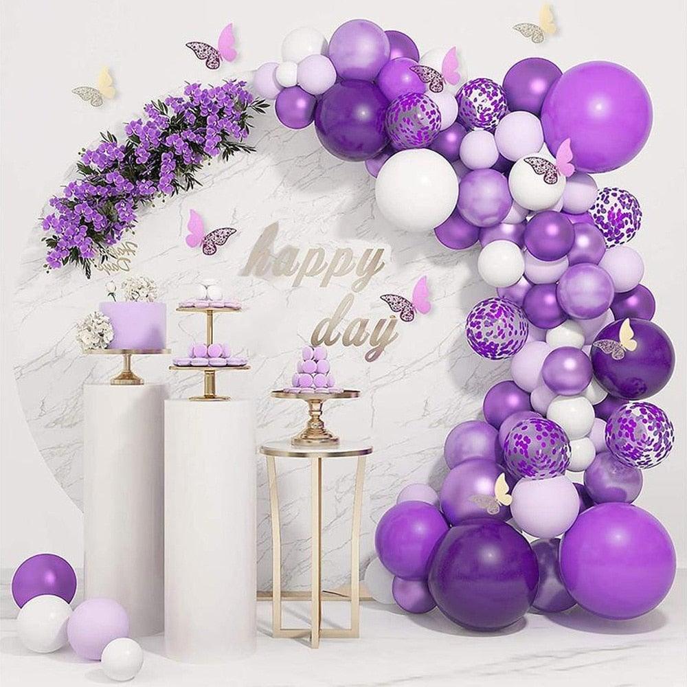 Kit d'arche de guirlande 124 pièces Ballons métalliques en latex blanc violet avec papillon en papier pour l'anniversaire des femmes, la baby shower, les décorations de fête de mariage