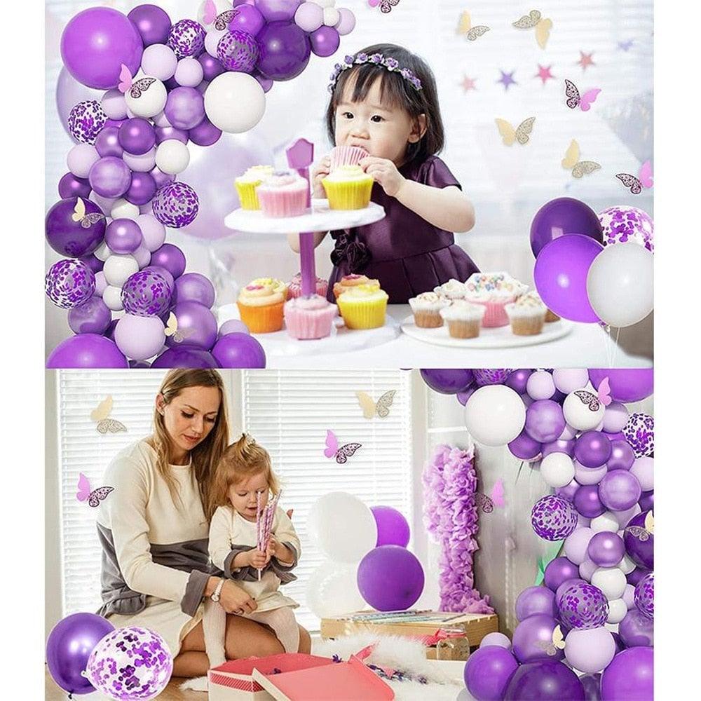 Kit d'arche de guirlande 124 pièces Ballons métalliques en latex blanc violet avec papillon en papier pour l'anniversaire des femmes, la baby shower, les décorations de fête de mariage