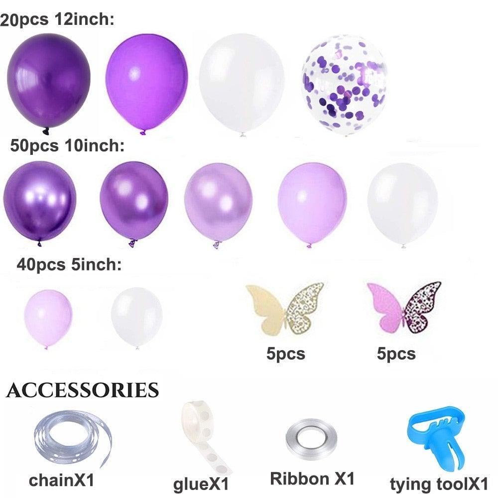 Kit d'arche de guirlande 124 pièces Ballons métalliques en latex blanc violet avec papillon en papier pour l'anniversaire des femmes, la baby shower, les décorations de fête de mariage