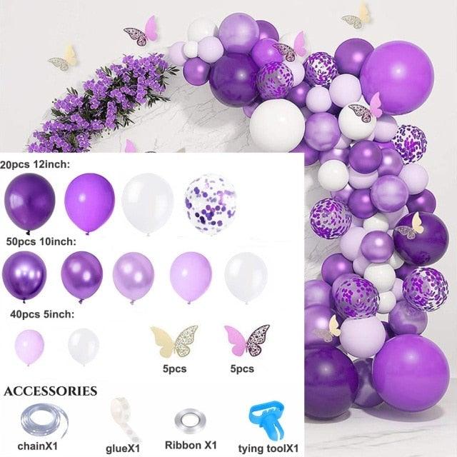 Kit d'arche de guirlande 124 pièces Ballons métalliques en latex blanc violet avec papillon en papier pour l'anniversaire des femmes, la baby shower, les décorations de fête de mariage