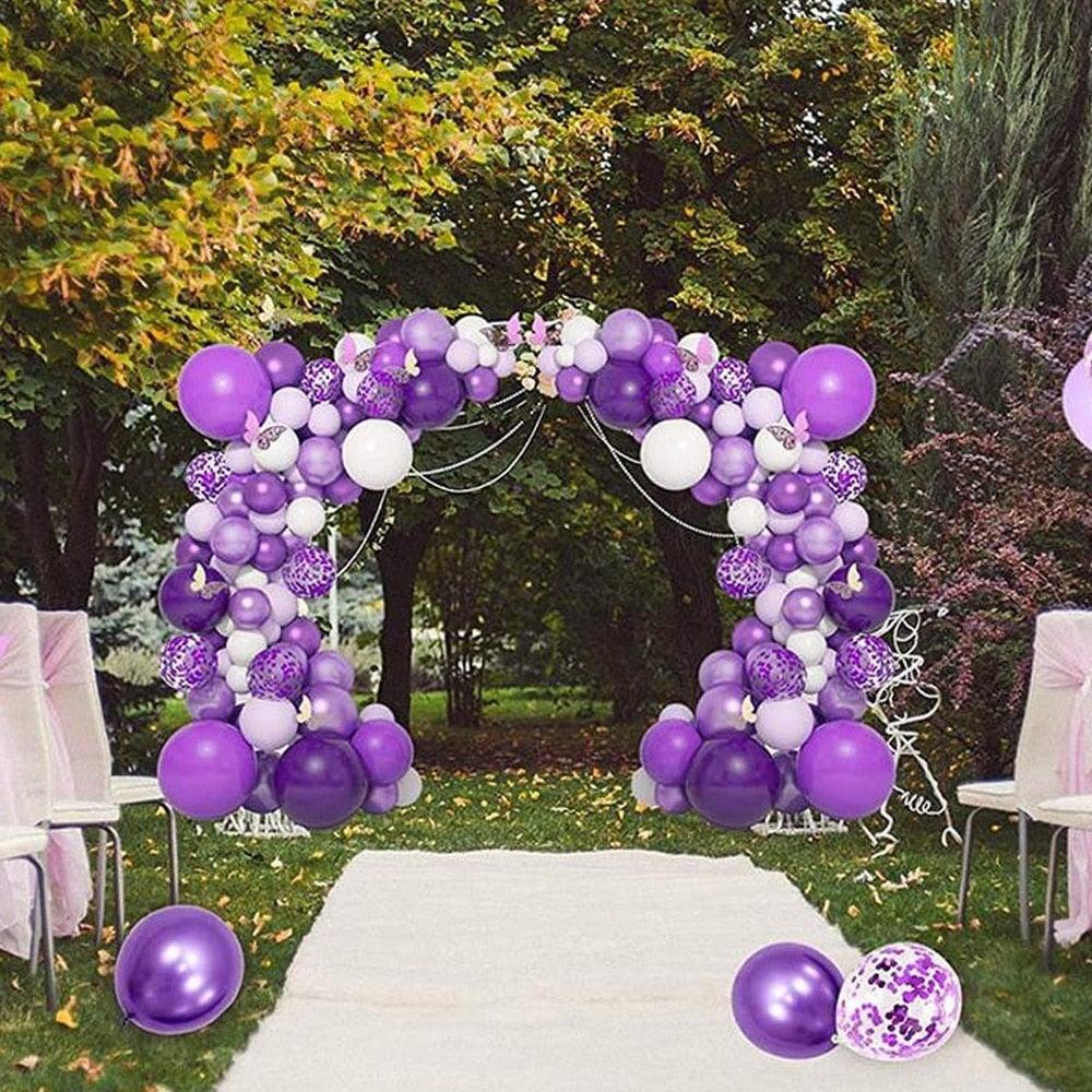 Kit d'arche de guirlande 124 pièces Ballons métalliques en latex blanc violet avec papillon en papier pour l'anniversaire des femmes, la baby shower, les décorations de fête de mariage
