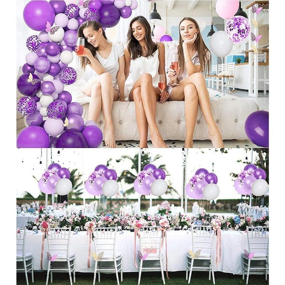 Kit d'arche de guirlande 124 pièces Ballons métalliques en latex blanc violet avec papillon en papier pour l'anniversaire des femmes, la baby shower, les décorations de fête de mariage