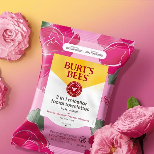 Burts Bees, Lingettes Visage à l'Eau de Rose, Pour Tous Types de Peau, Lingettes Démaquillantes Micellaires Hydratantes & Nettoyantes, 30 Unités (1 Paquet)