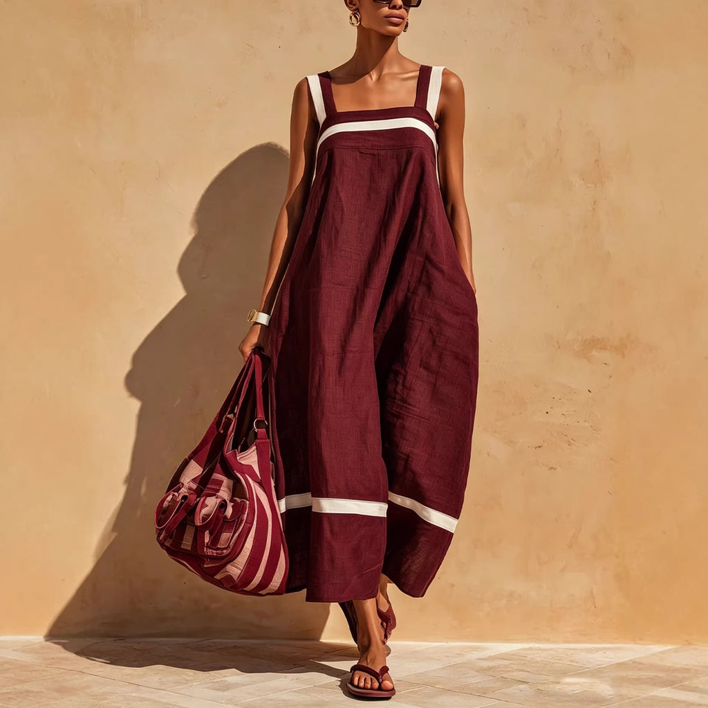 Robe midi décontractée ample en mélange de lin à bretelles contrastantes pour femme