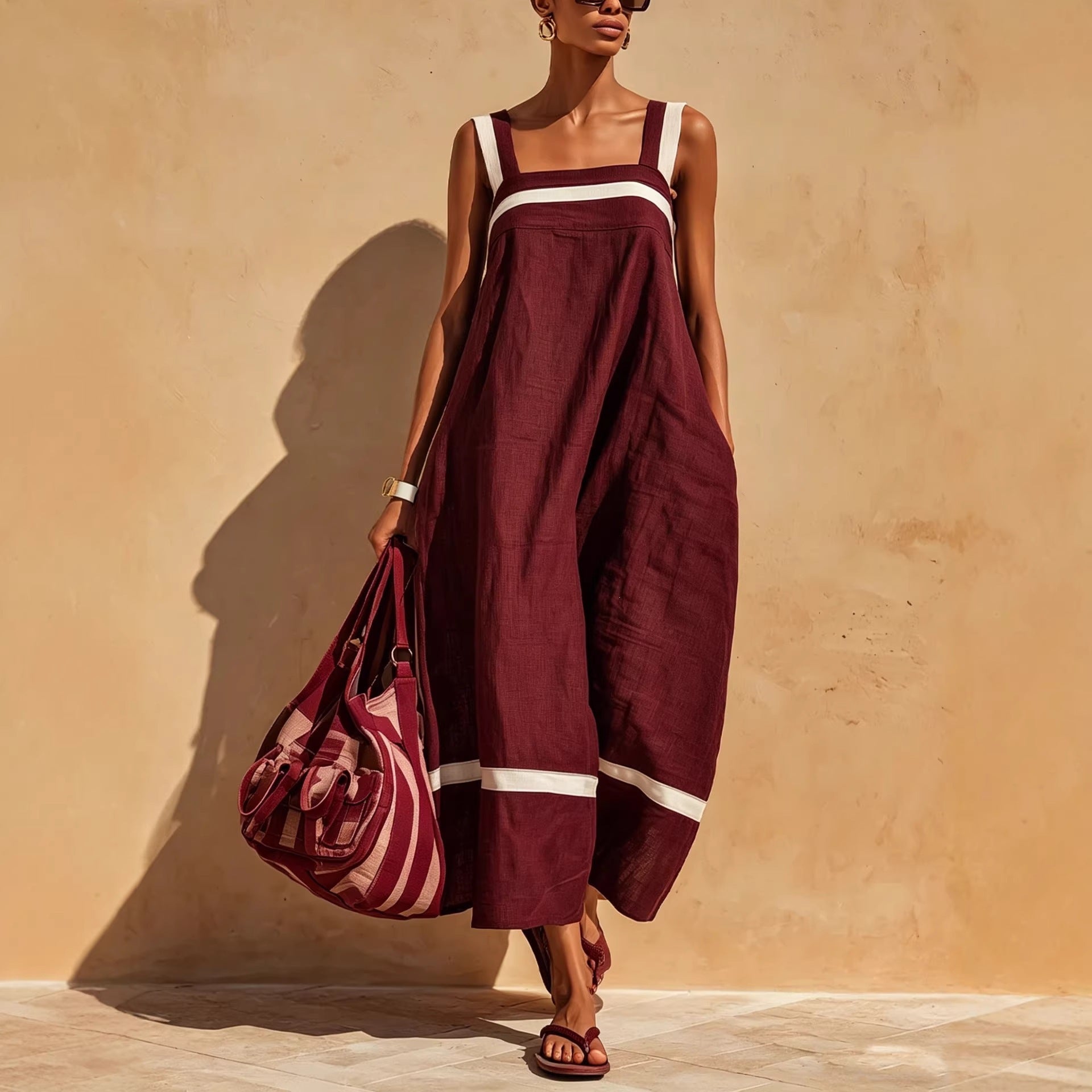Robe midi décontractée ample en mélange de lin à bretelles contrastantes pour femme