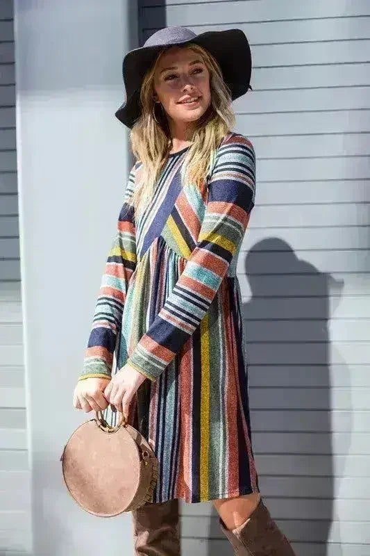 Robe Midi Rayée Color Block - Mélange Polyester-Élasthanne | Femstylo