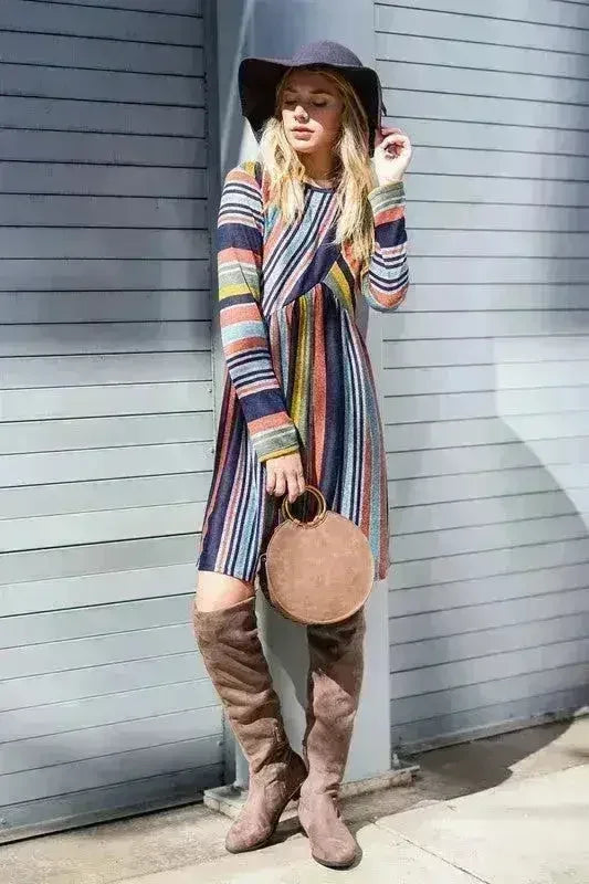 Robe Midi Rayée Color Block - Mélange Polyester-Élasthanne | Femstylo