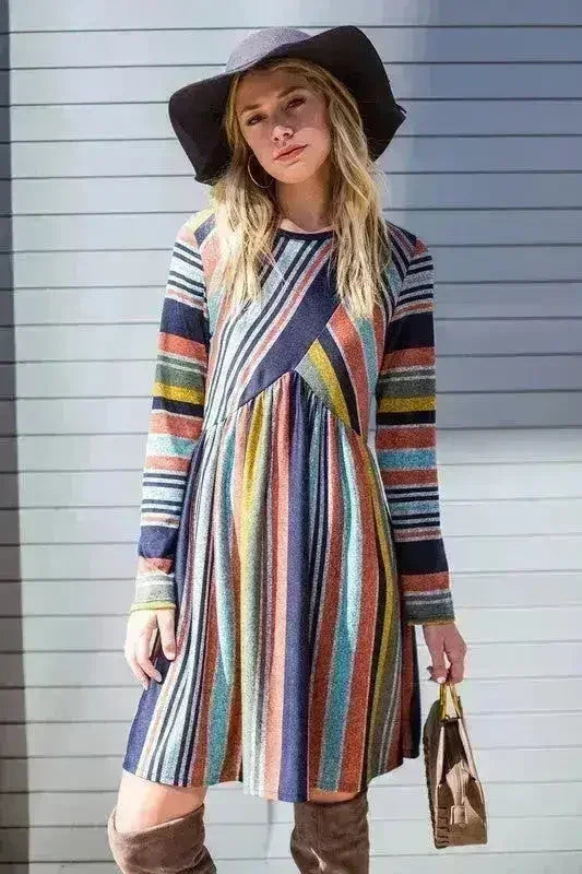 Robe Midi Rayée Color Block - Mélange Polyester-Élasthanne | Femstylo