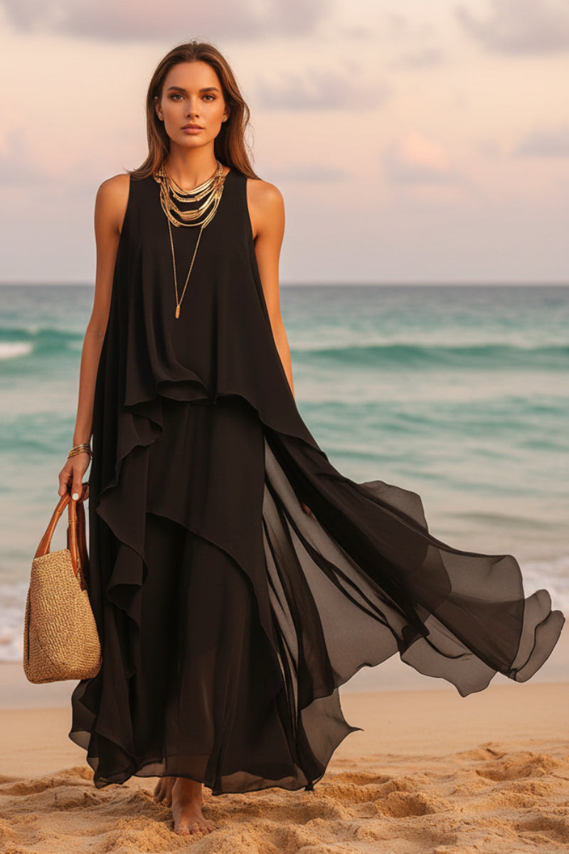 Robe longue asymétrique en mousseline noire – Robe longue fluide sans manches style bohème coupe trapèze pour femme