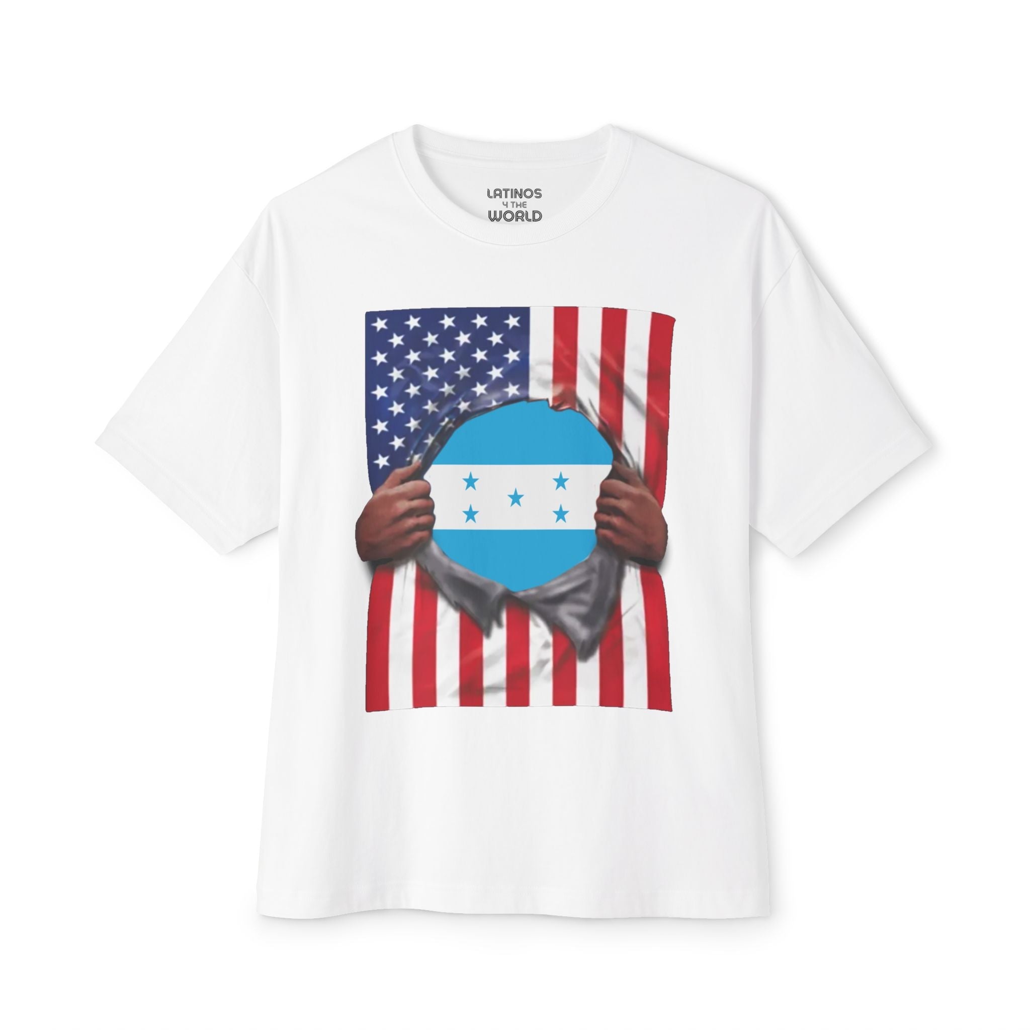 T-shirt Fierté Drapeau Honduras + Drapeau USA | Drapeau hondurien + américain déchiré 4 juillet | T-shirts latinos viraux amusants | Unisexe - 4 couleurs