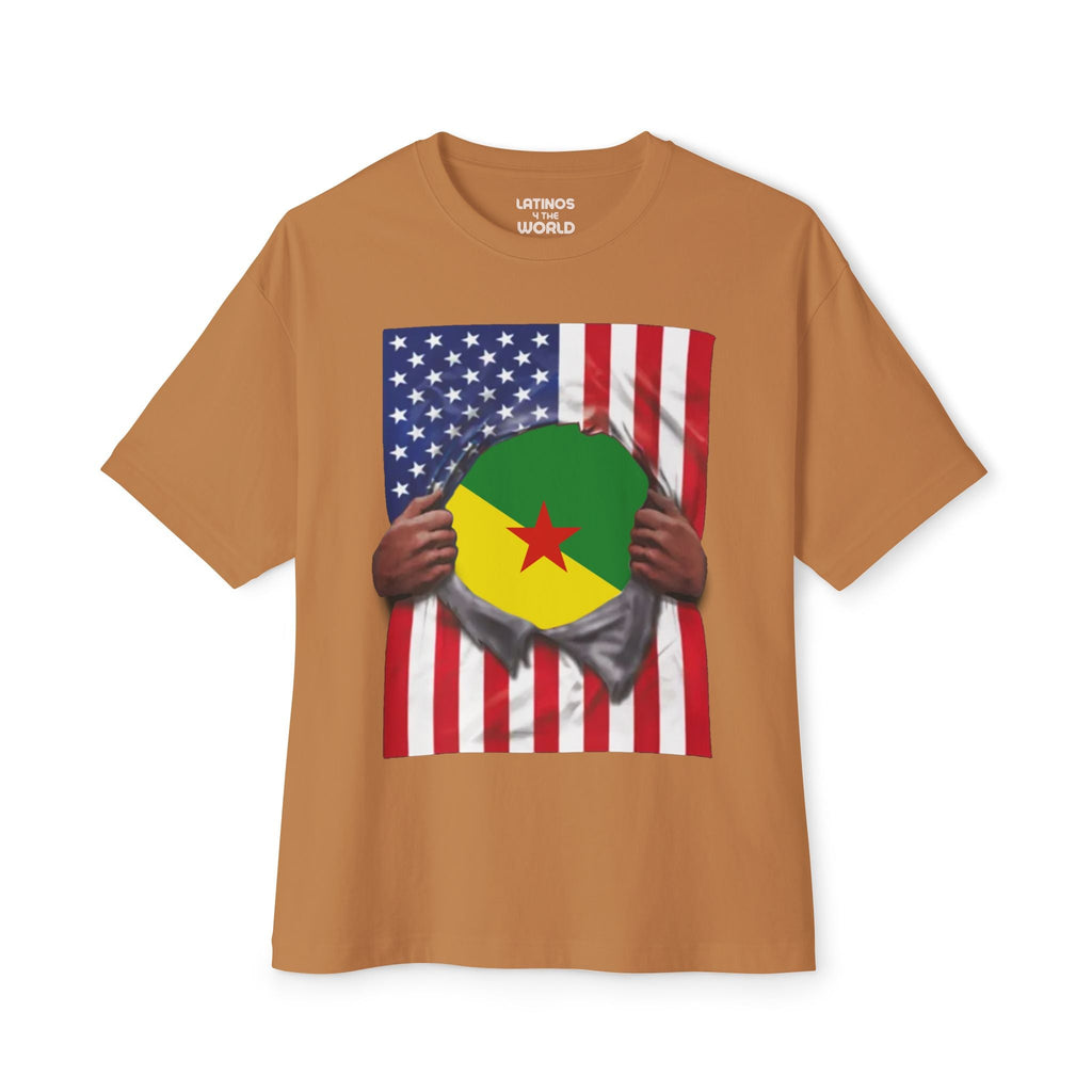 T-shirt Drapeau Guyane Française + USA | Drapeau Guyanais + Américain déchiré 4 Juillet | T-shirts Latins Drôles | 4 Couleurs