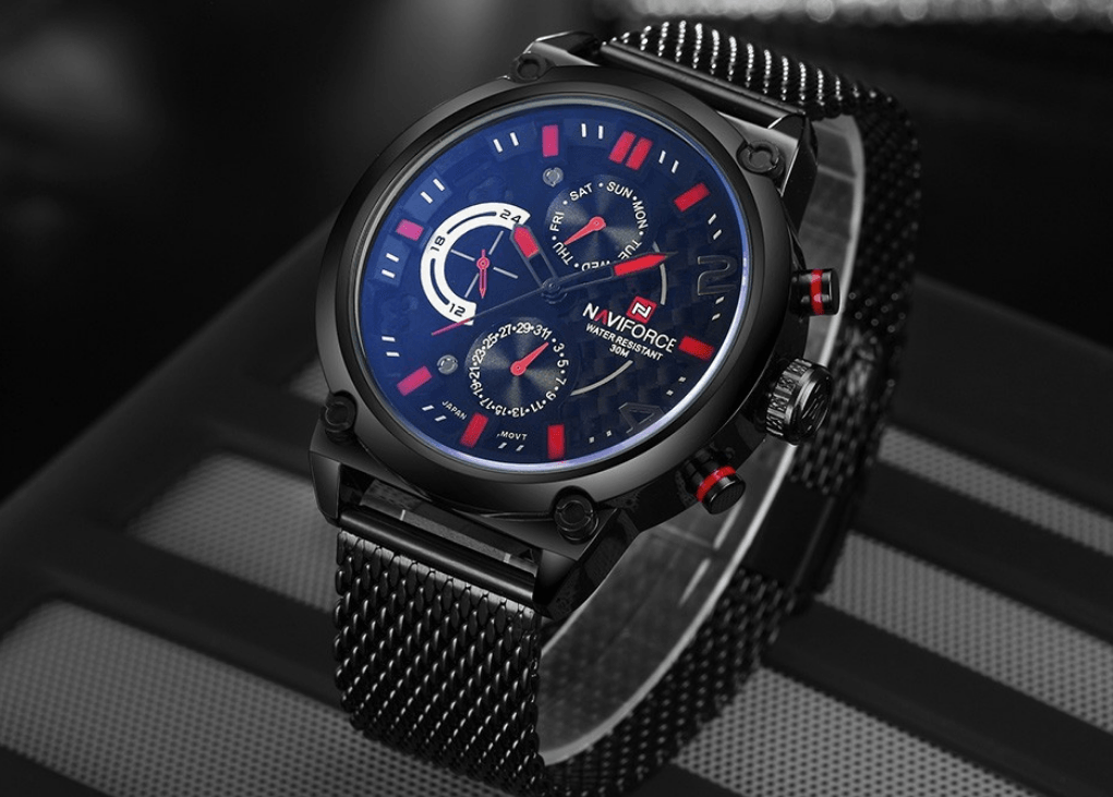 Montres à Quartz Analogiques Multifonctions pour Hommes, Étanche avec Bracelet en Maille d'Acier Inoxydable, Excellent Design, Cadeau Parfait