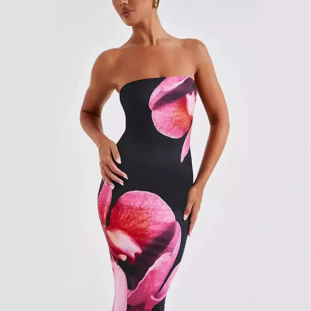 25e édition – Robe longue tube drapée florale dos nu (NICHE)