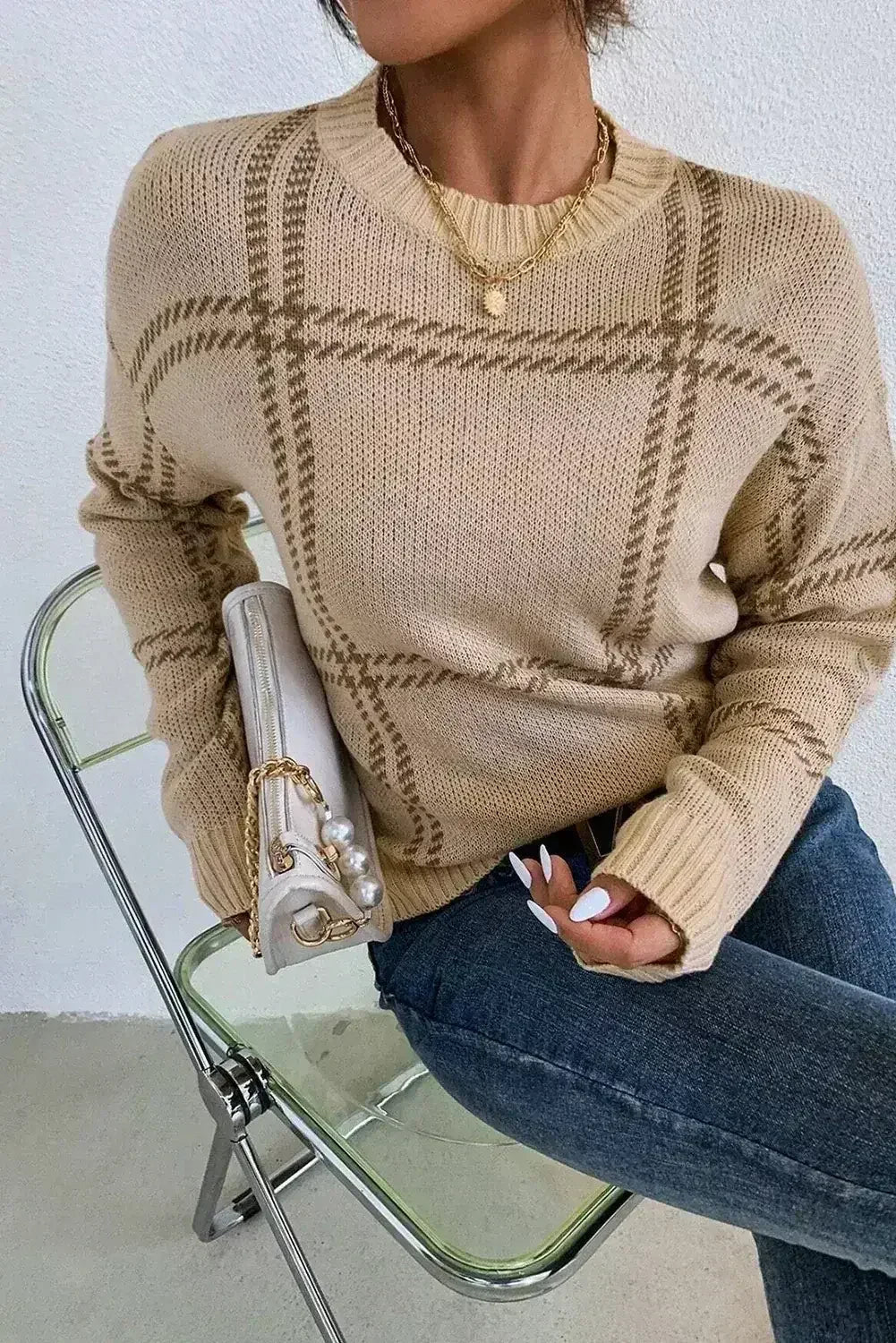 Pull en maille à carreaux kaki avec épaules tombantes