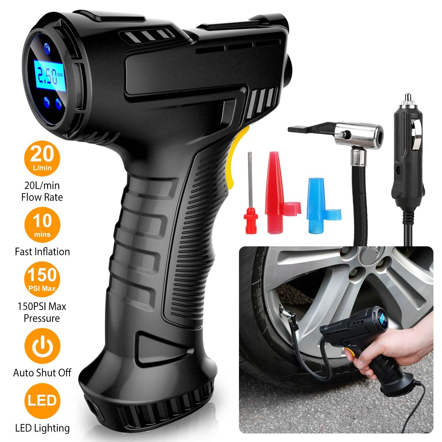 Gonfleur de pneu de voiture numérique 12V avec lumière LED 150 PSI