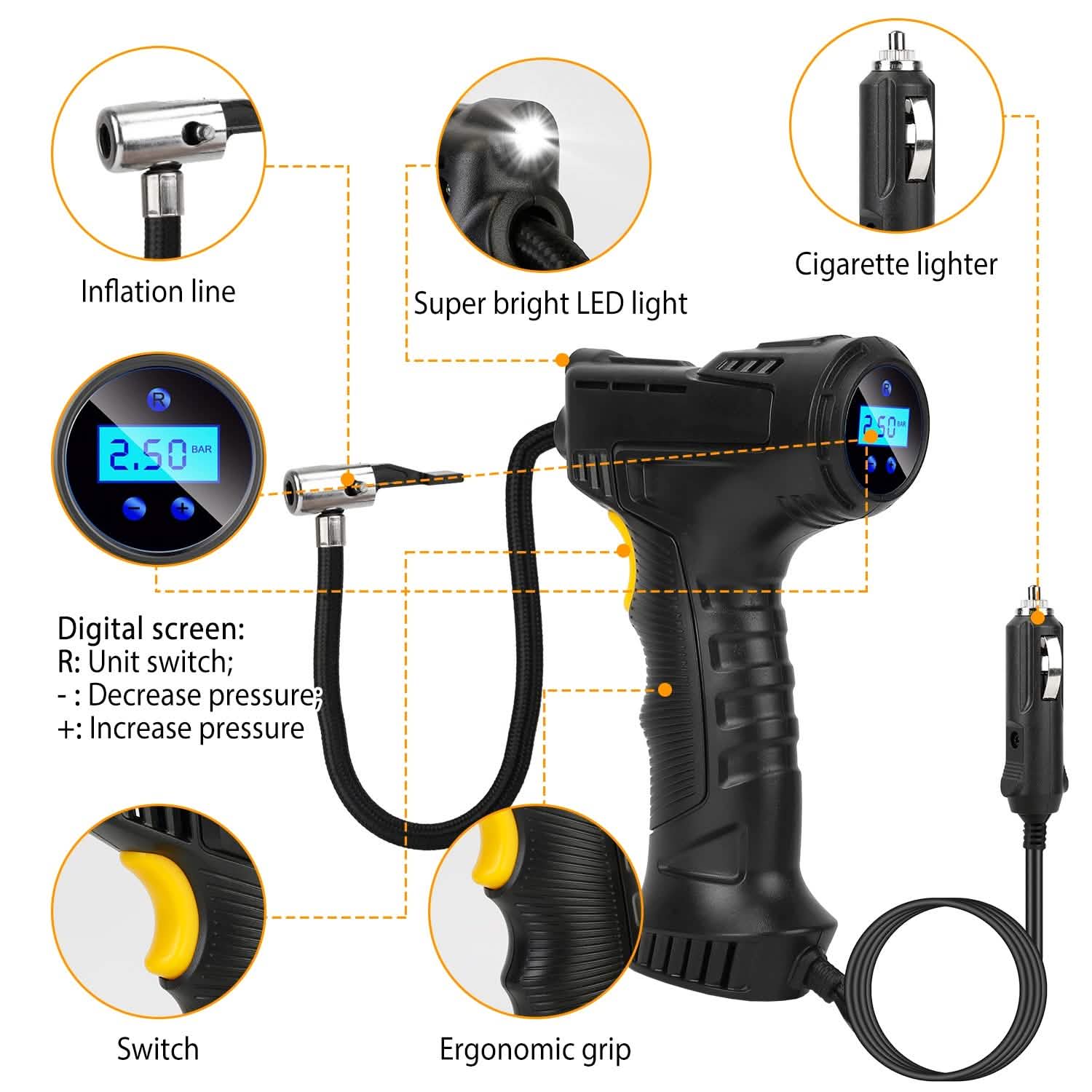 Gonfleur de pneu de voiture numérique 12V avec lumière LED 150 PSI