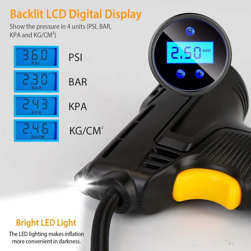 Gonfleur de pneu de voiture numérique 12V avec lumière LED 150 PSI