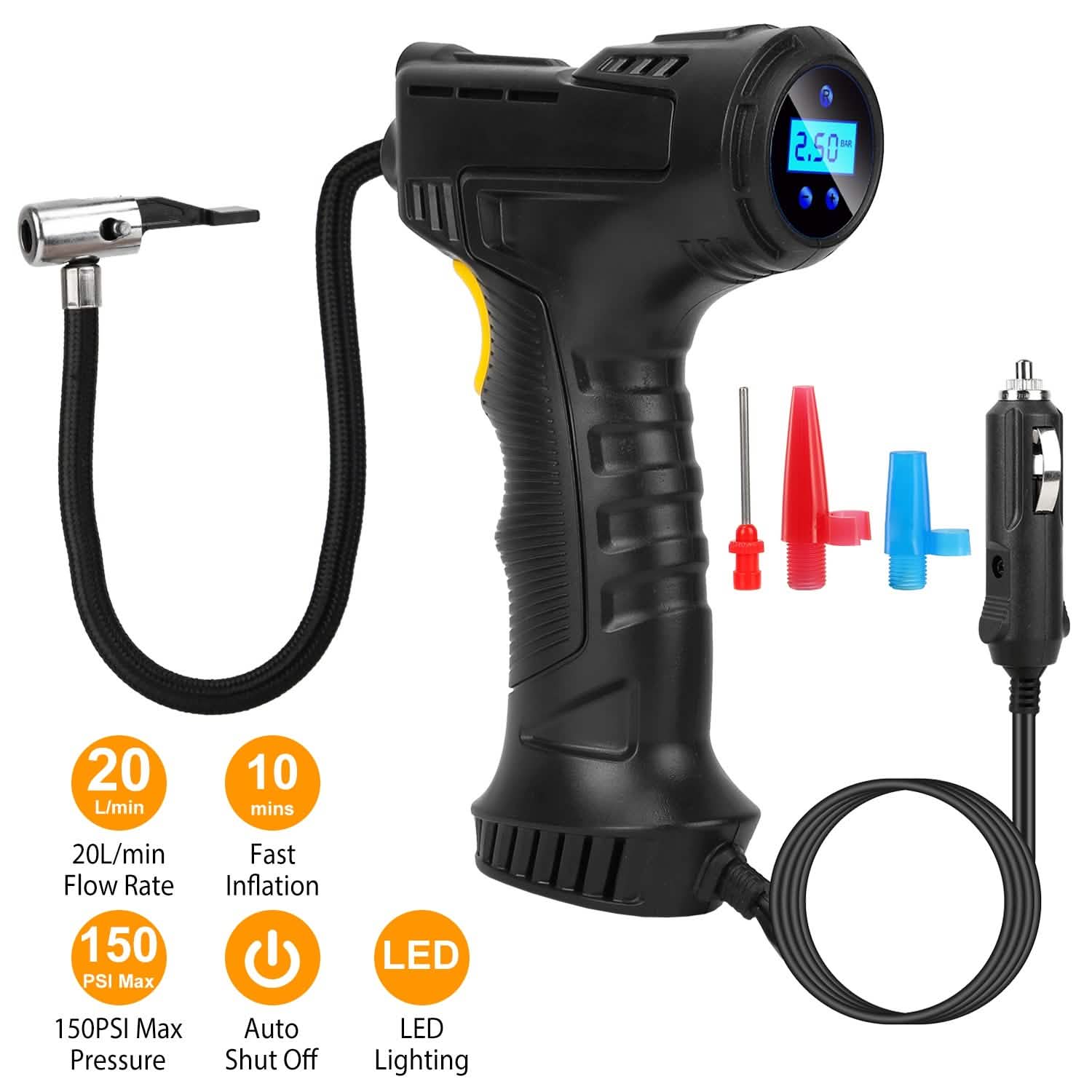 Gonfleur de pneu de voiture numérique 12V avec lumière LED 150 PSI