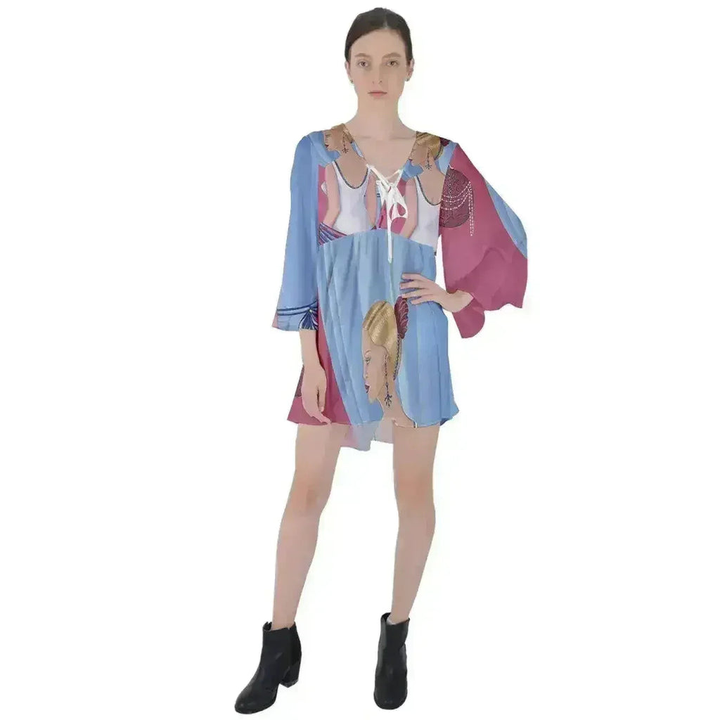 Robe courte évasée à manches évasées et col en V Palm Beach Perfume
