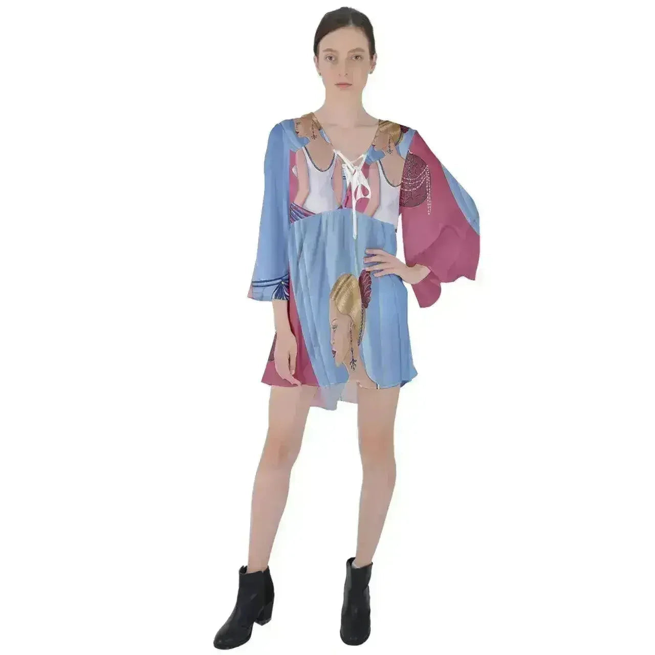Robe courte évasée à manches évasées et col en V Palm Beach Perfume