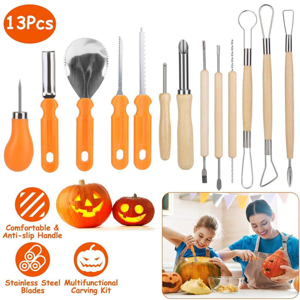 13 pièces : Kit de découpe de citrouille d'Halloween en acier inoxydable