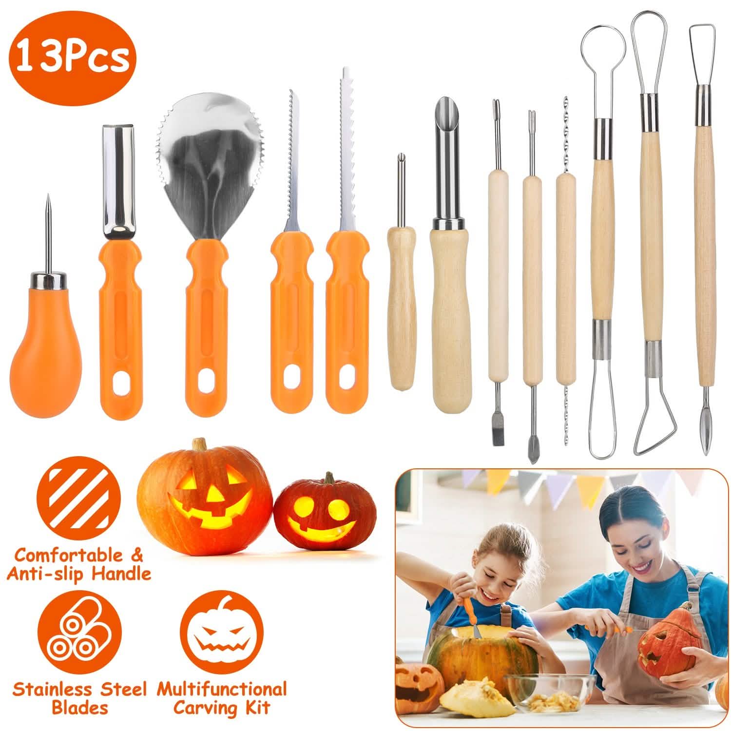 13 pièces : Kit de découpe de citrouille d'Halloween en acier inoxydable