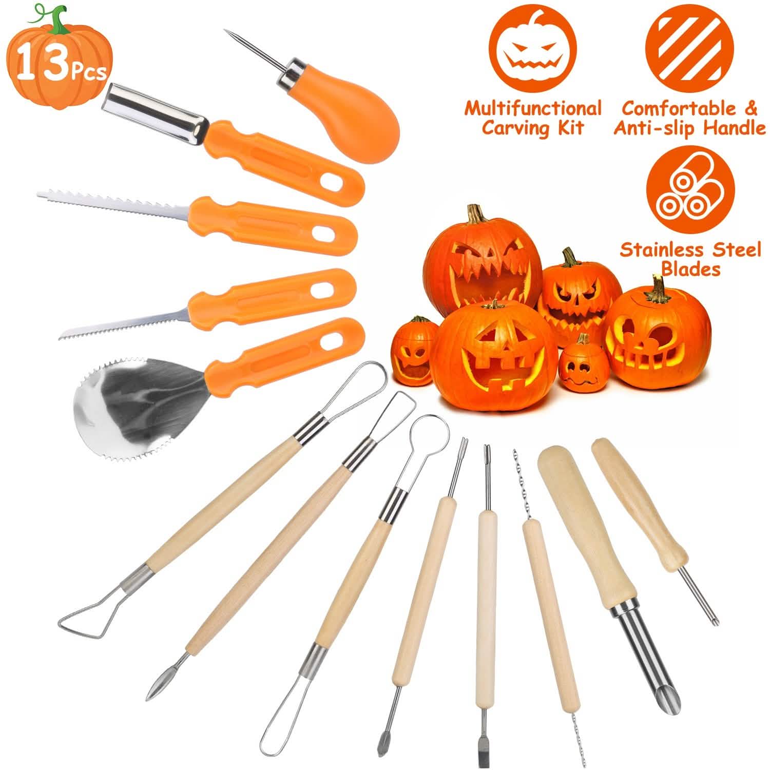 13 pièces : Kit de découpe de citrouille d'Halloween en acier inoxydable
