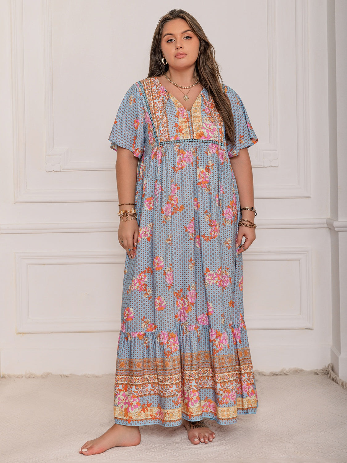 Robe longue à manches flottantes imprimée rose violet taille plus Élégante et fluide Design unique