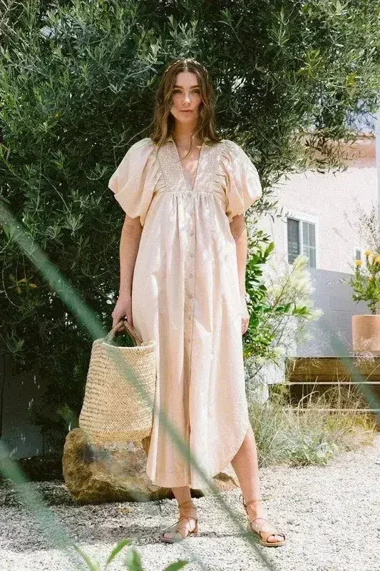 Robe Midi Annie Wear à Manches Courtes Bouffantes et Smocks