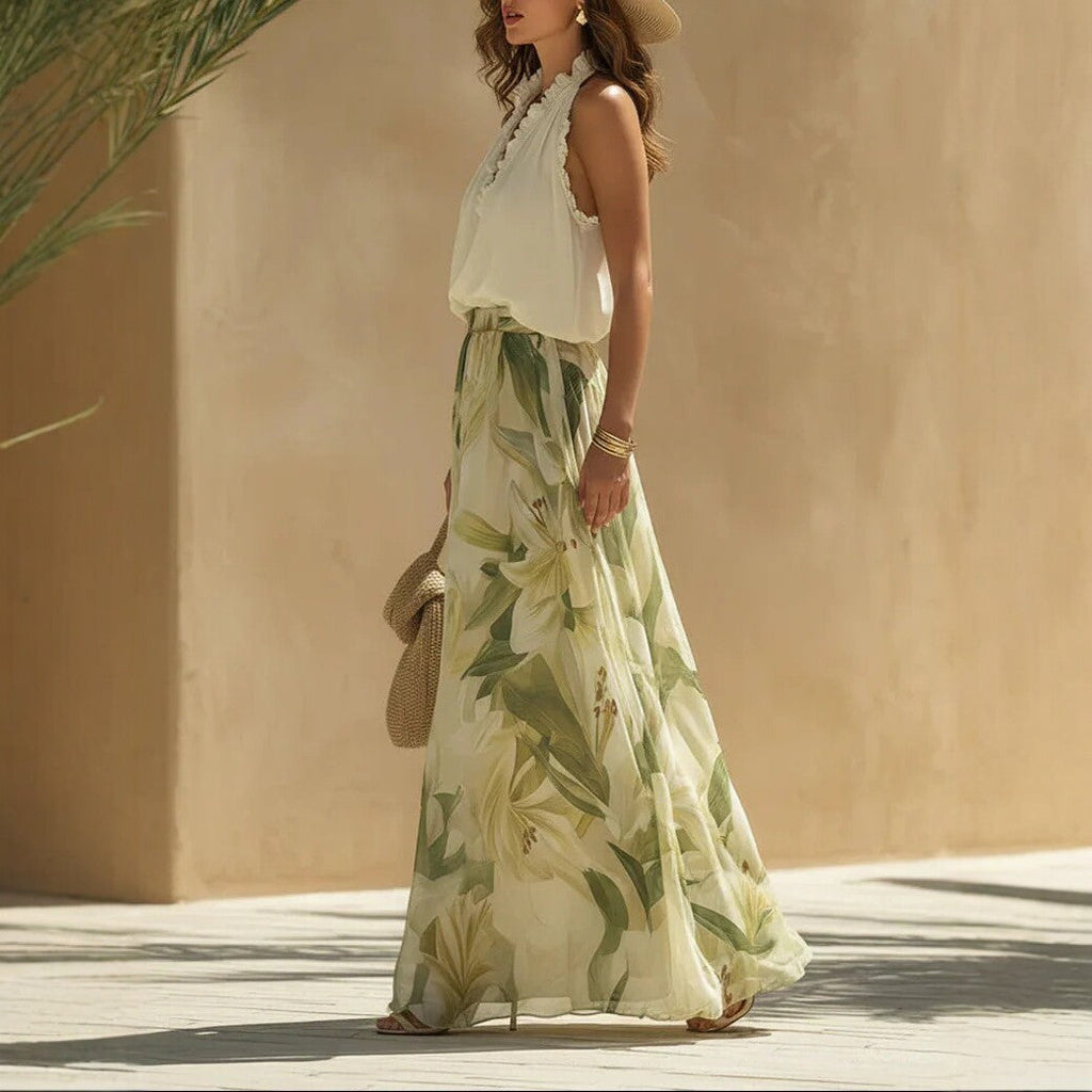 Robe longue imprimée à volants, taille ajustée – S–3XL