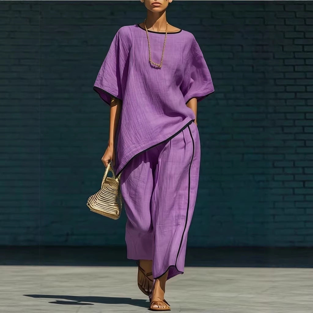 Ensemble Haut Manches Courtes Ample Décontracté & Pantalon pour Femme
