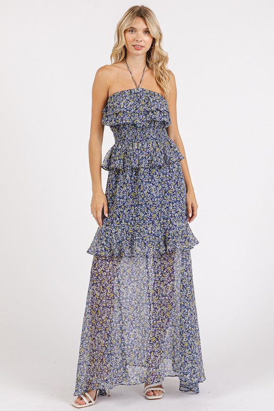Robe longue d'été fleurie à volants et dos nu – Robe longue fleurie féminine et élégante avec taille smockée